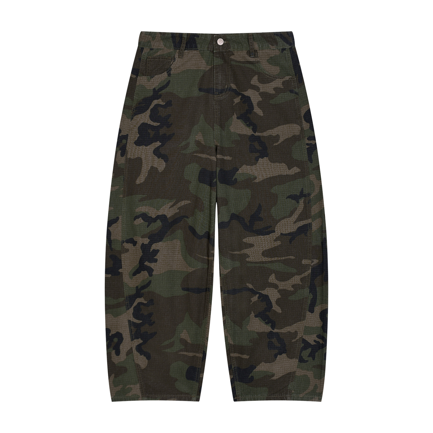 STILL. Camo Barrel Leg Cargo Pants — cotton green camo cargos