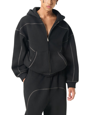 STILL. Contrast Stitch Boxy Zip Hoodie, worn by a model