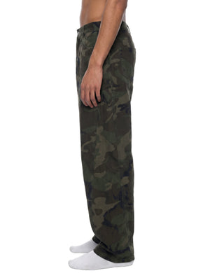 STILL. Camo Barrel Leg Cargo Pants, worn by a model