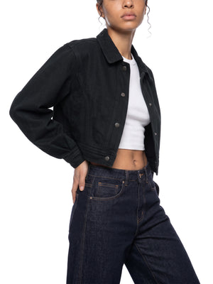 STILL. Women's Crop Denim Jacket, worn by a model