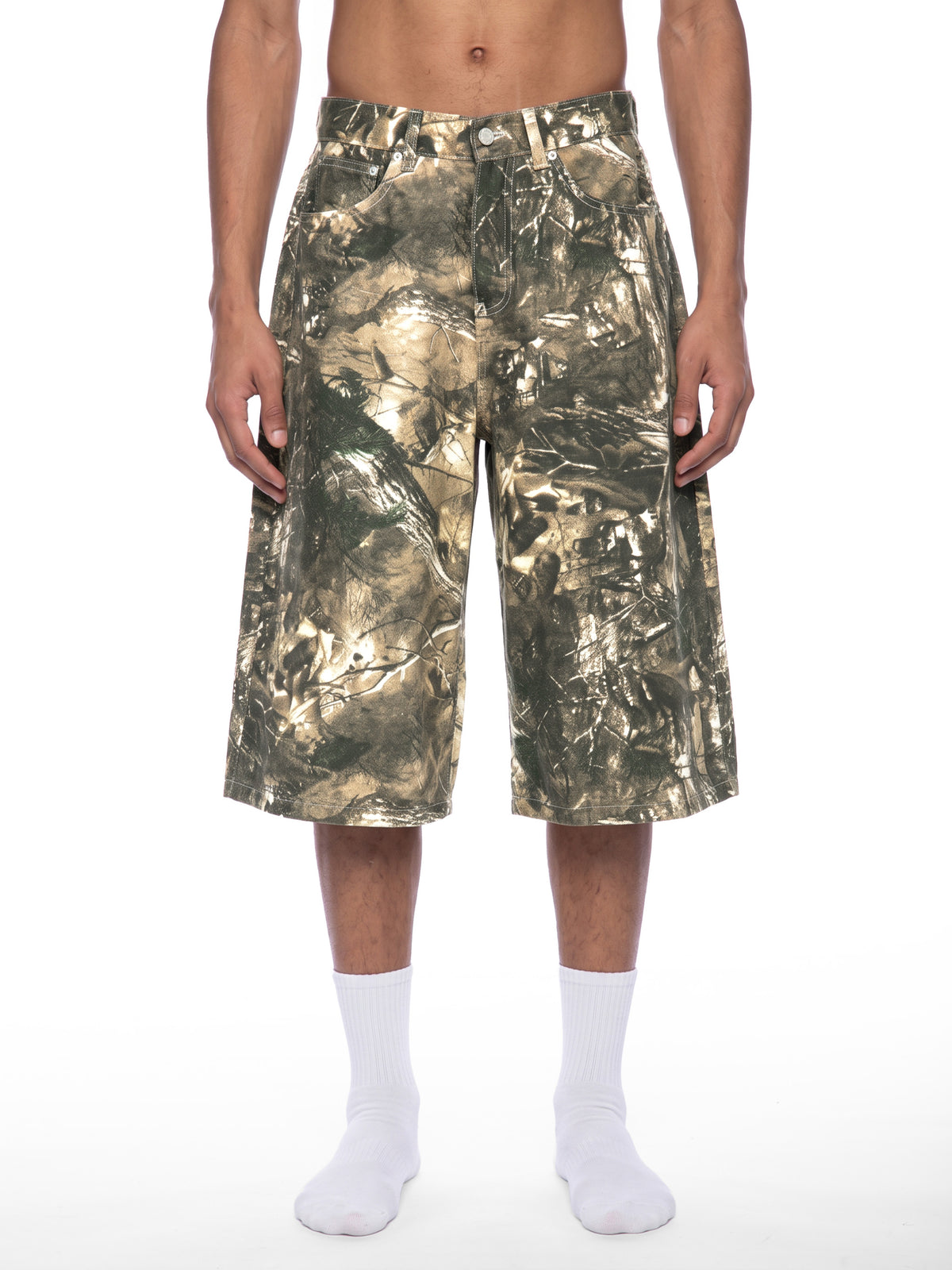 STILL. Men's Tree Camo Shorts, worn by a model