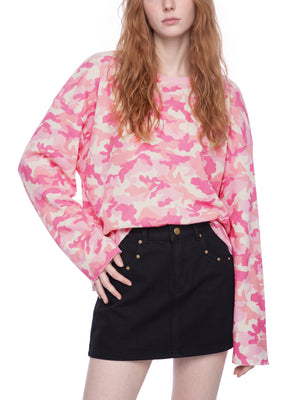 STILL. Unisex Camo Waffle Raw Edge Long Sleeve T-Shirt, worn by a model