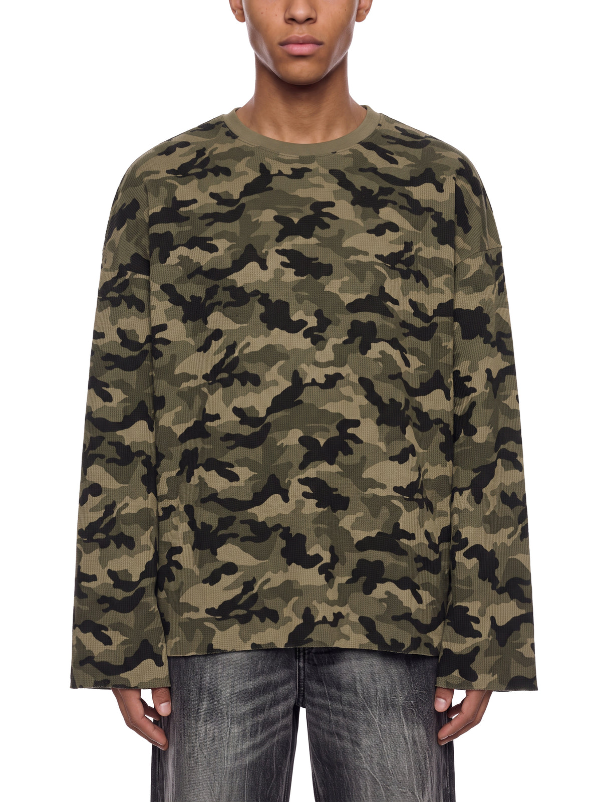STILL. Unisex Camo Waffle Raw Edge Long Sleeve T-Shirt, worn by a model