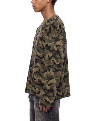 STILL. Unisex Camo Waffle Raw Edge Long Sleeve T-Shirt, worn by a model
