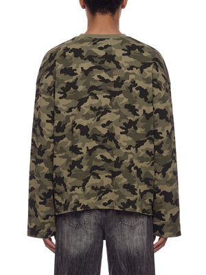 STILL. Unisex Camo Waffle Raw Edge Long Sleeve T-Shirt, worn by a model