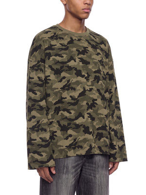 STILL. Unisex Camo Waffle Raw Edge Long Sleeve T-Shirt, worn by a model
