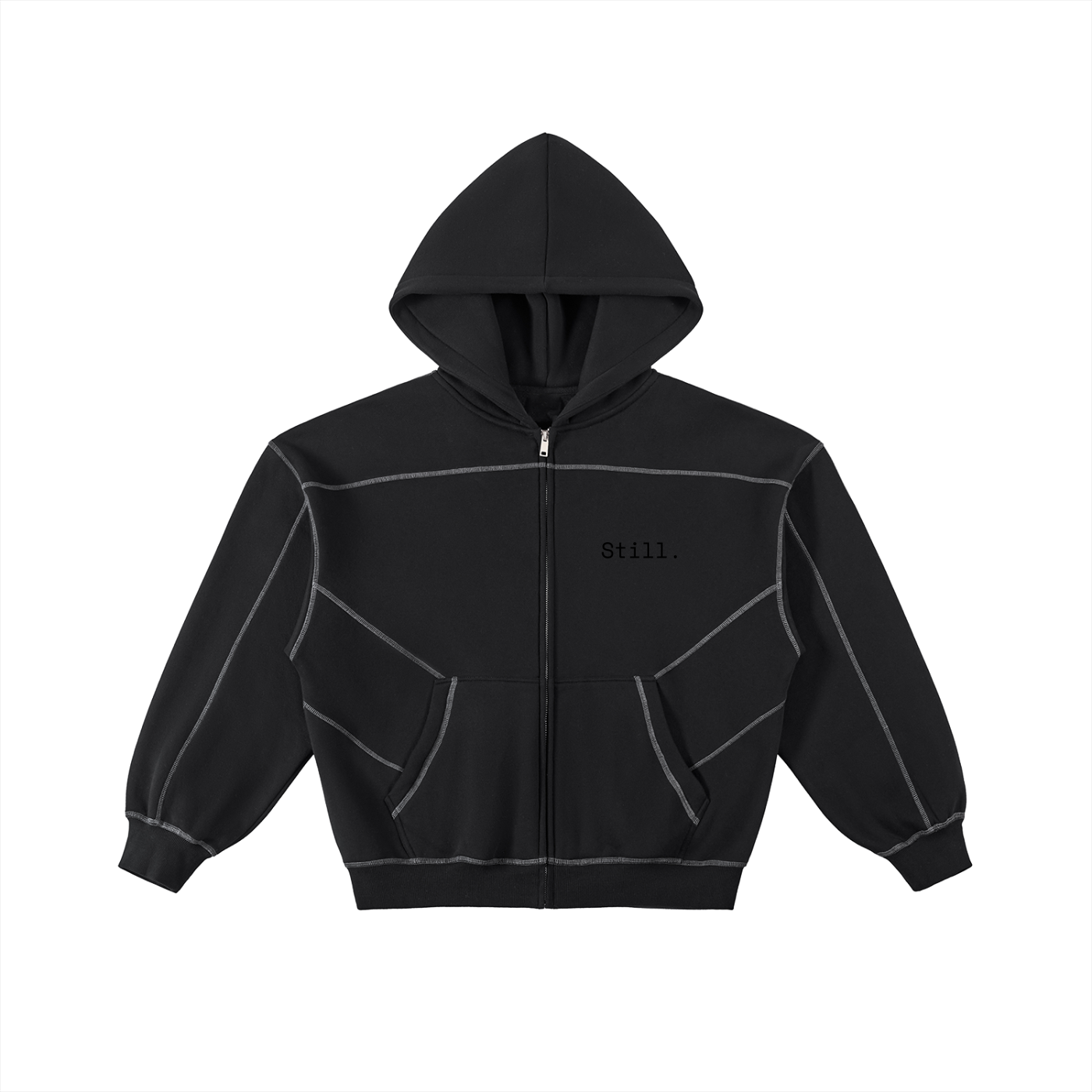 STILL. Contrast Stitch Boxy Zip Hoodie — 350 gsm fleece zip hoodie with contrast stitching