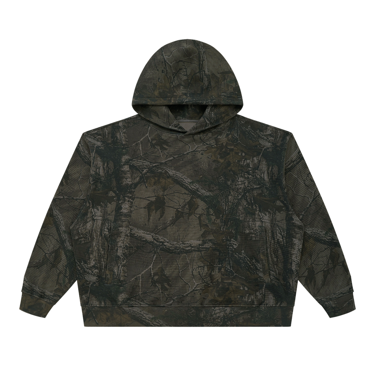 STILL. Unisex Waffle Tree Camo Boxy Hoodie in Grey Tree Camo
