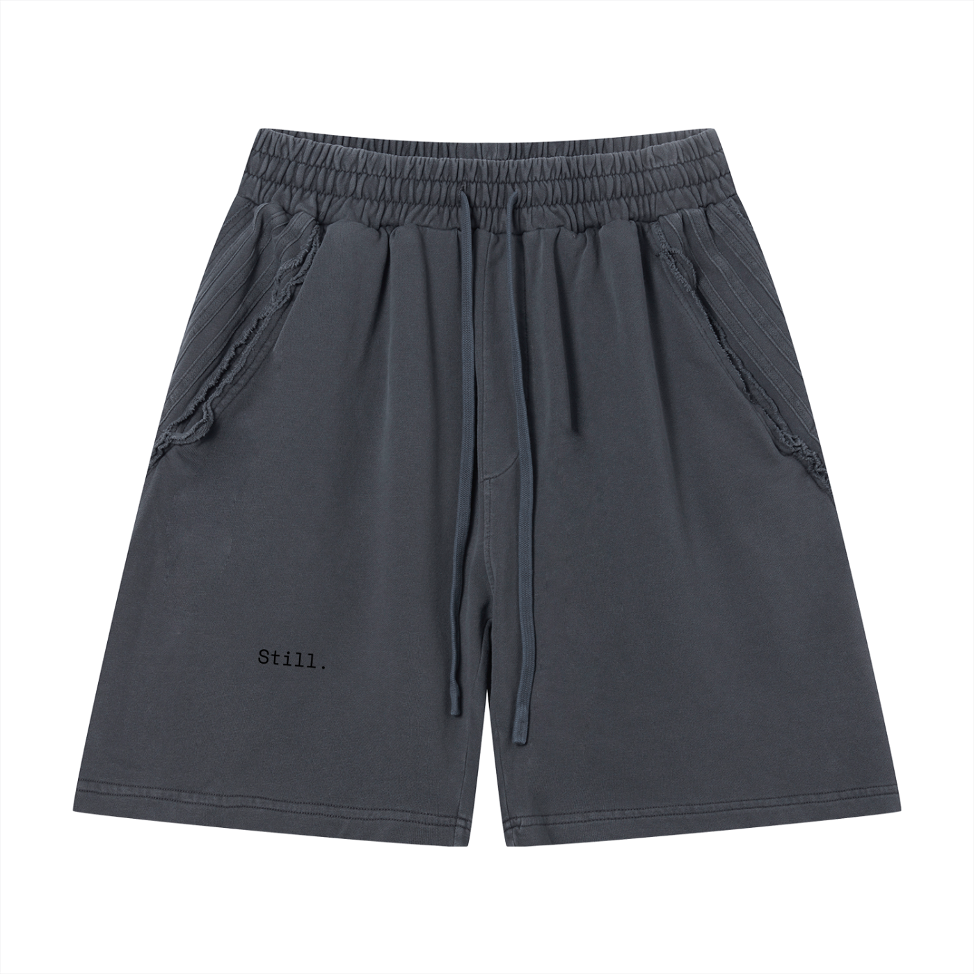 STILL. Vintage Wash Raw Edge Shorts — garment-washed cotton shorts with raw edge hems