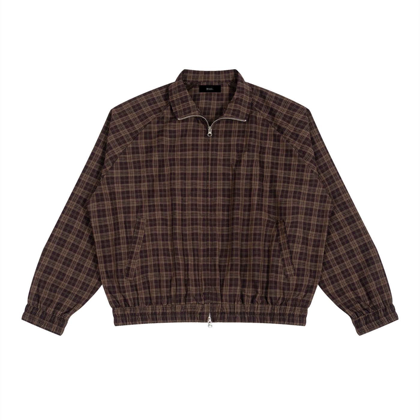 STILL. Plaid Zip Track Jacket — lightweight plaid track jacket with full zip