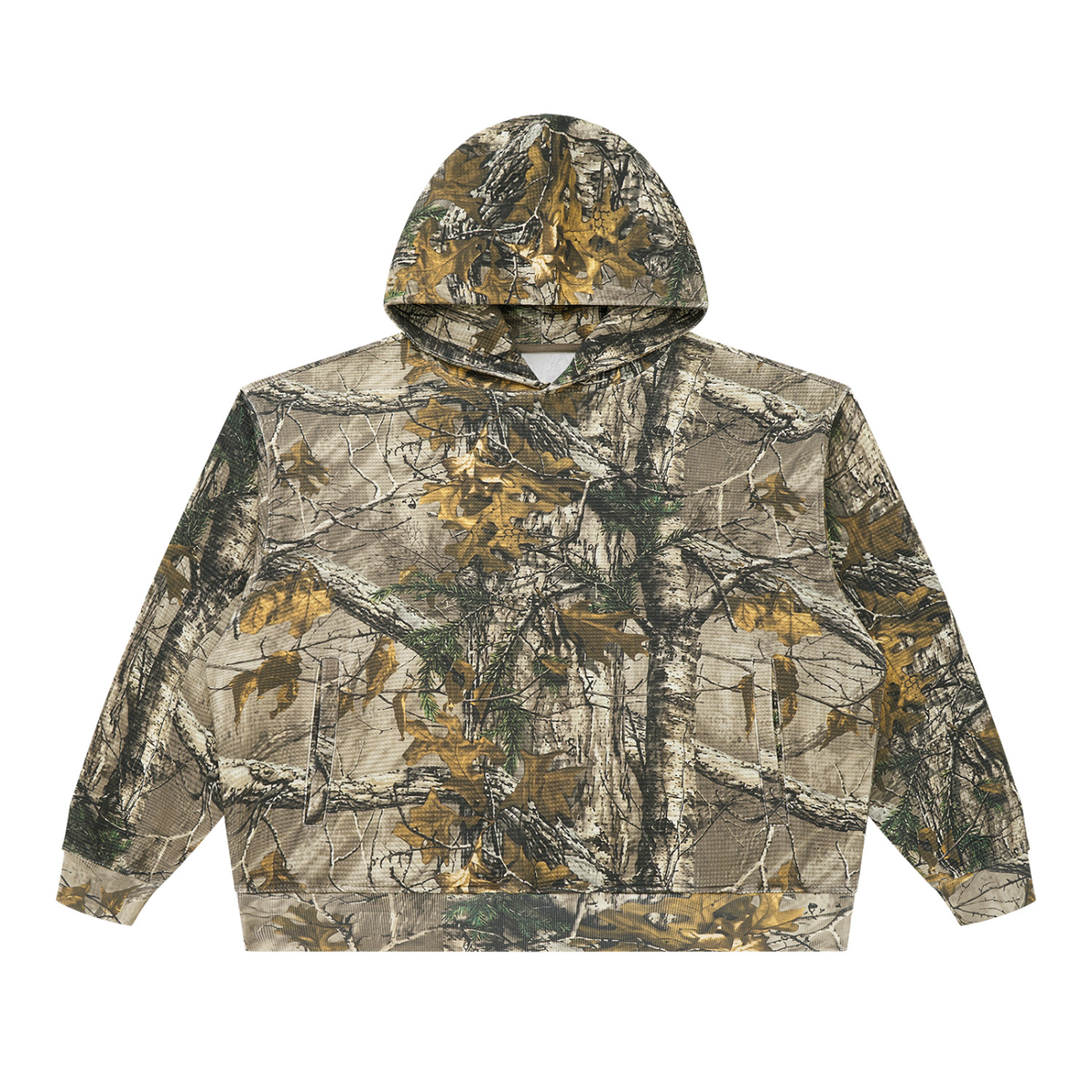 STILL. Unisex Waffle Tree Camo Boxy Hoodie in Grey Green Tree Camo