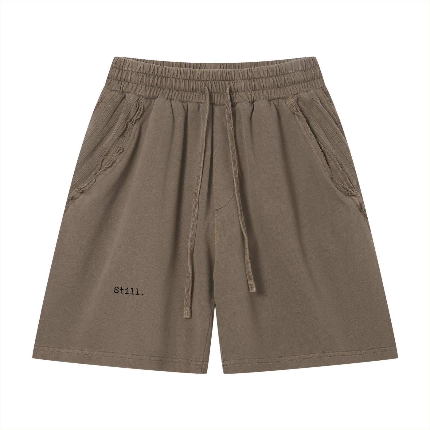 STILL. Vintage Wash Raw Edge Shorts — garment-washed cotton shorts with raw edge hems