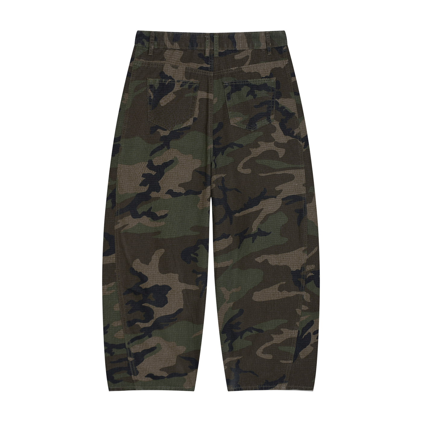 STILL. Camo Barrel Leg Cargo Pants — cotton green camo cargos