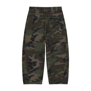 STILL. Camo Barrel Leg Cargo Pants — cotton green camo cargos