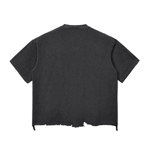 Black t-shirt with a distressed back design on a white background