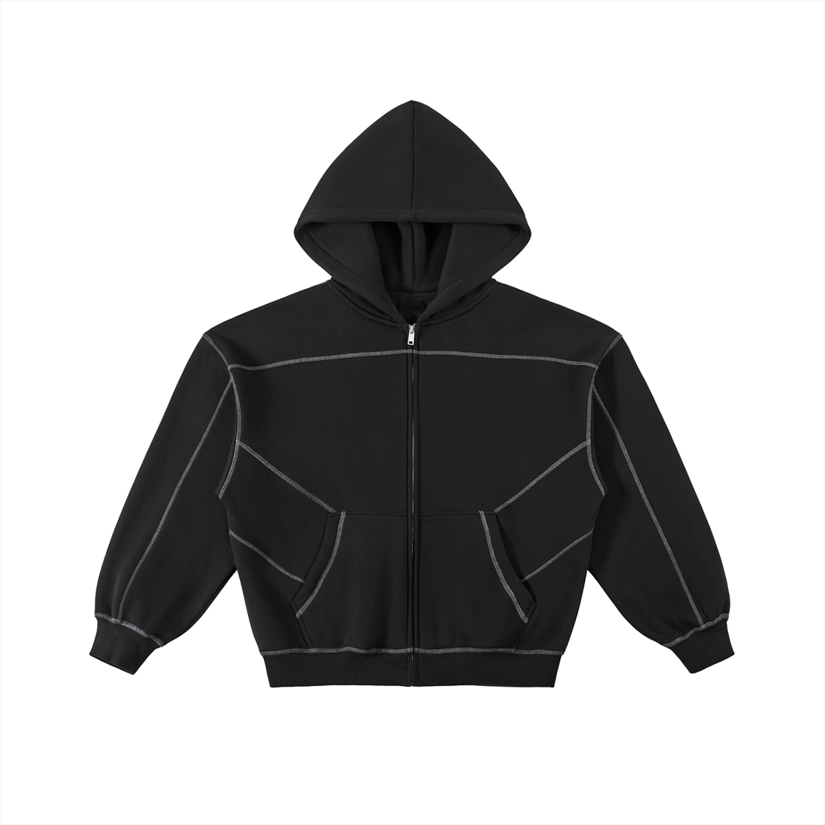 STILL. Contrast Stitch Boxy Zip Hoodie in Black