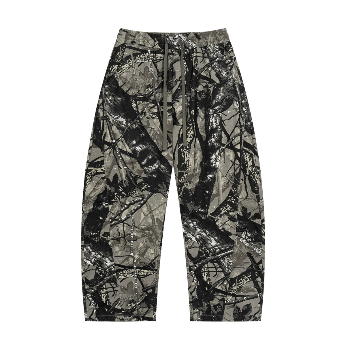 STILL. Unisex Tree Camo Barrel Leg Pants in Grey Tree Camo