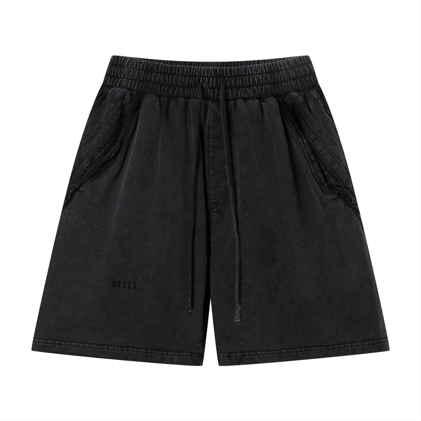 STILL. Vintage Wash Raw Edge Shorts — garment-washed cotton shorts with raw edge hems