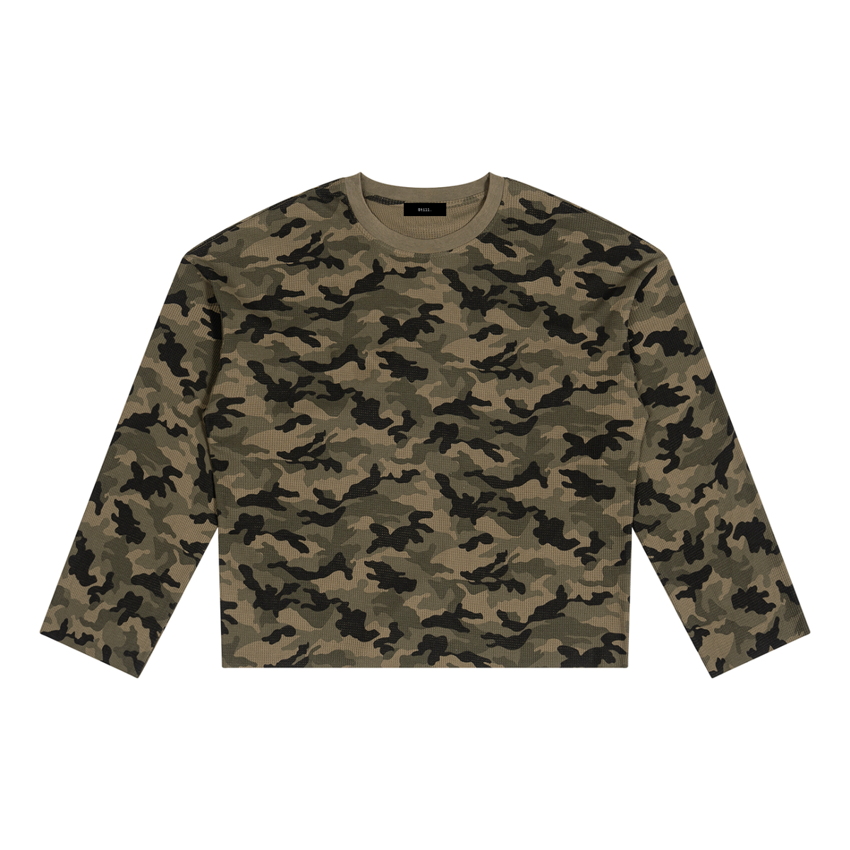 STILL. Unisex Camo Waffle Raw Edge Long Sleeve T-Shirt in Army Green Camo