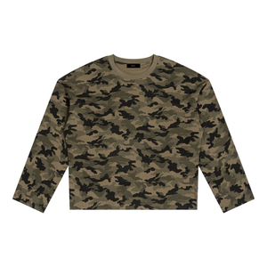STILL. Unisex Camo Waffle Raw Edge Long Sleeve T-Shirt in Army Green Camo