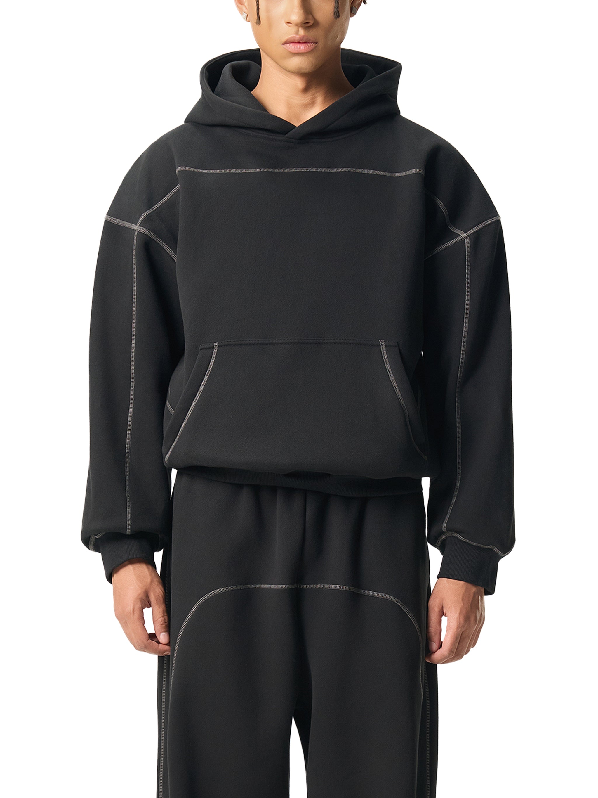 Contrast-Stitched Boxy Fleece Hoodie image 0