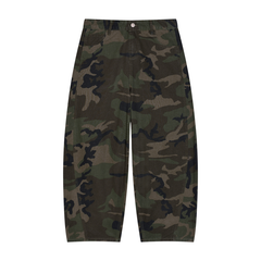STILL. Camo Barrel Leg Cargo Pants — cotton green camo cargos