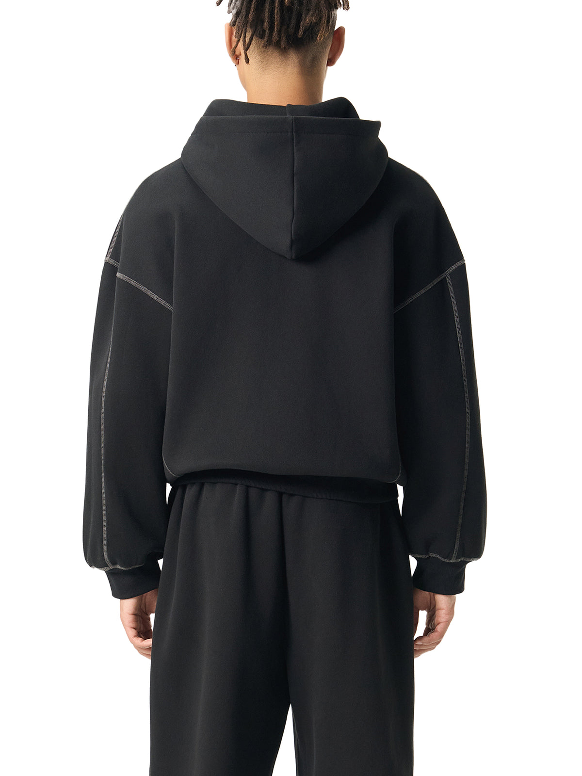STILL. Contrast Stitch Boxy Zip Hoodie, worn by a model