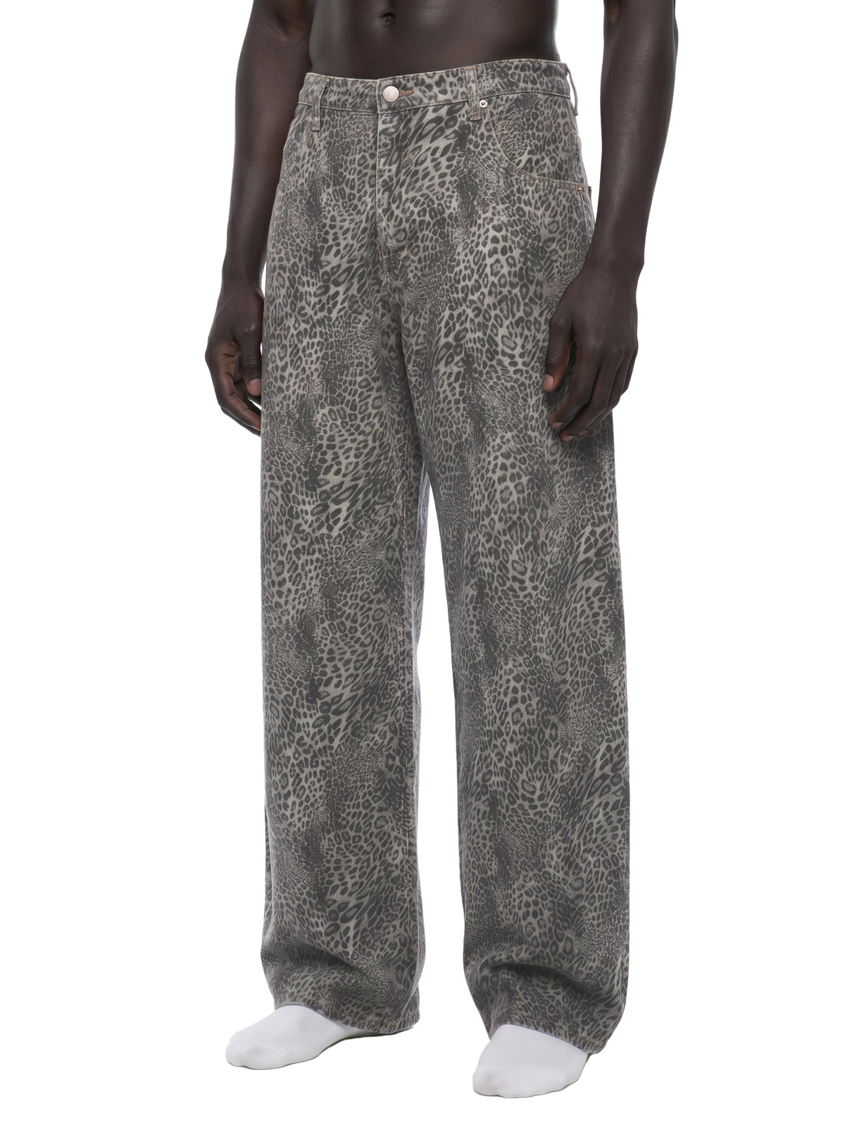 STILL. Leopard Wide Leg Jeans, worn by a model