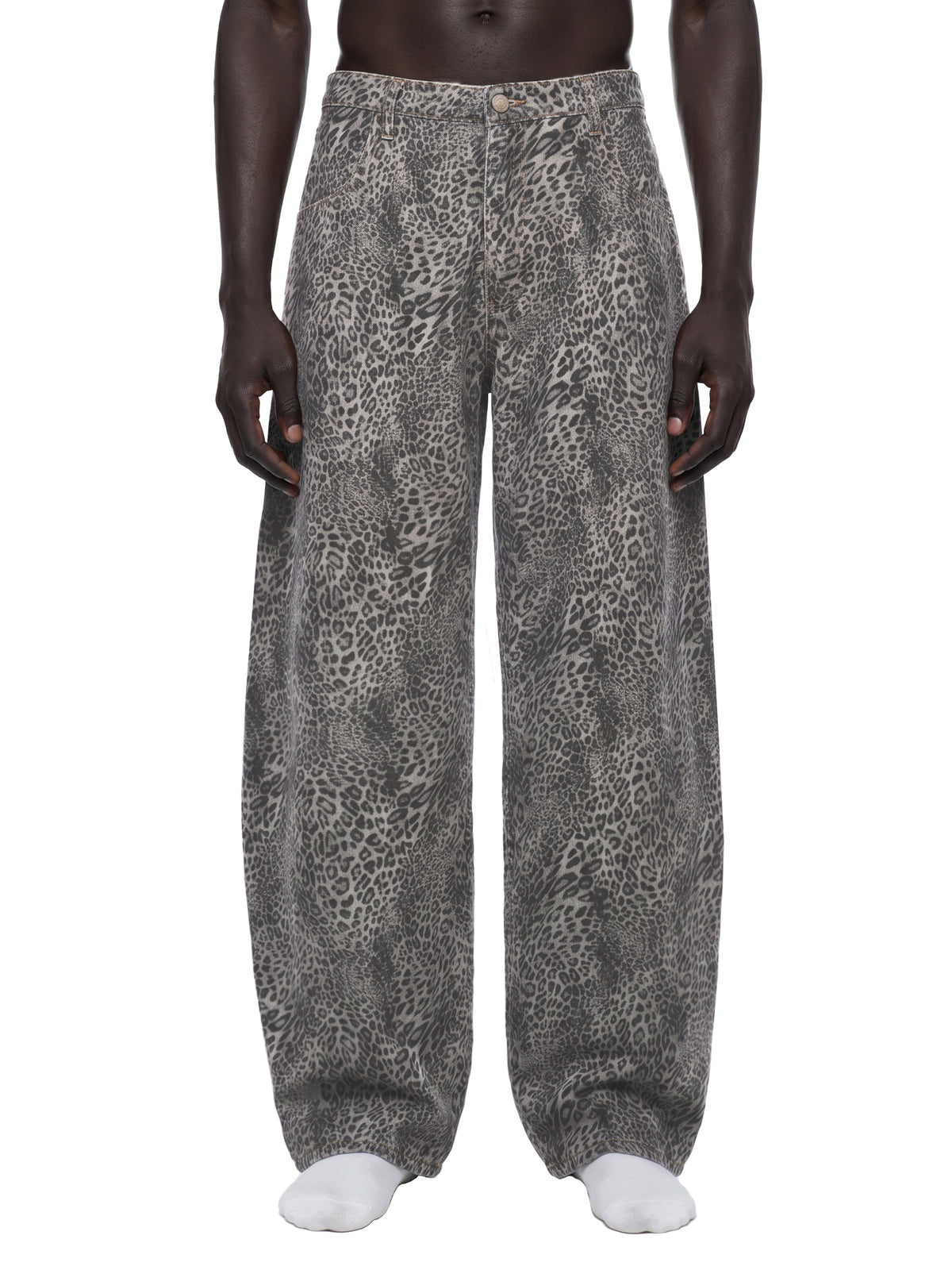 STILL. Leopard Wide Leg Jeans, worn by a model