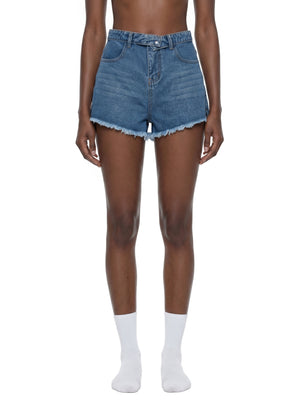 STILL. Women's High Rise Denim Shorts, worn by a model