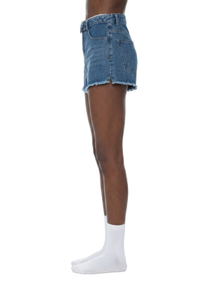 STILL. Women's High Rise Denim Shorts, worn by a model