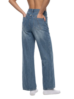STILL. Women's Vintage Wash Wide Leg Jeans, worn by a model
