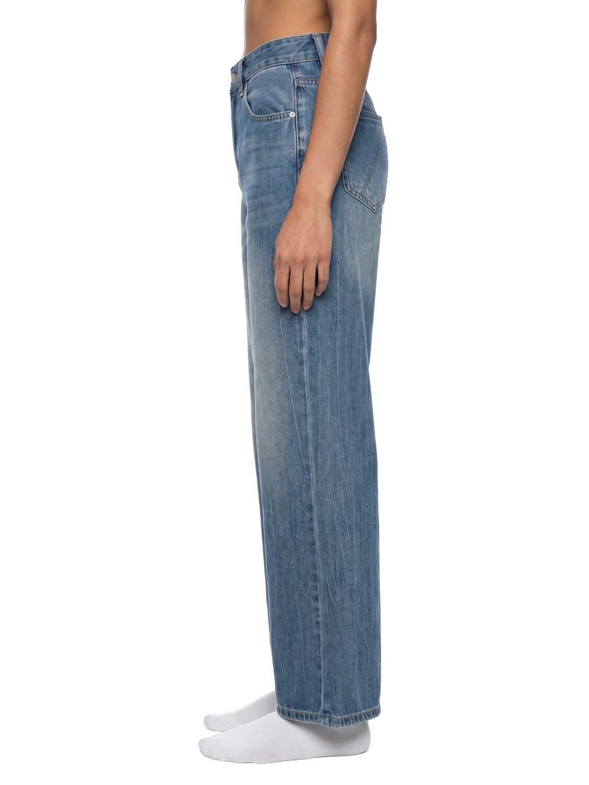 STILL. Women's Vintage Wash Wide Leg Jeans, worn by a model