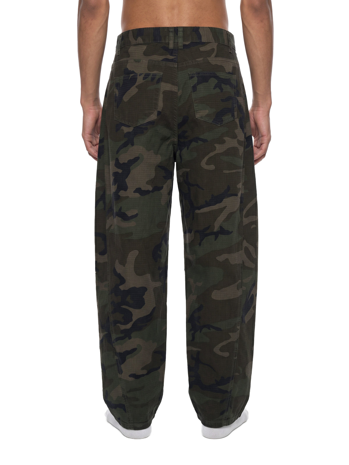 STILL. Camo Barrel Leg Cargo Pants, worn by a model