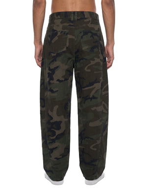 STILL. Camo Barrel Leg Cargo Pants, worn by a model