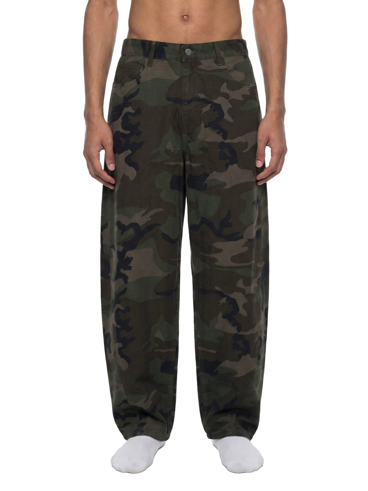 STILL. Camo Barrel Leg Cargo Pants, worn by a model