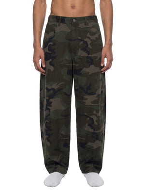 STILL. Camo Barrel Leg Cargo Pants, worn by a model