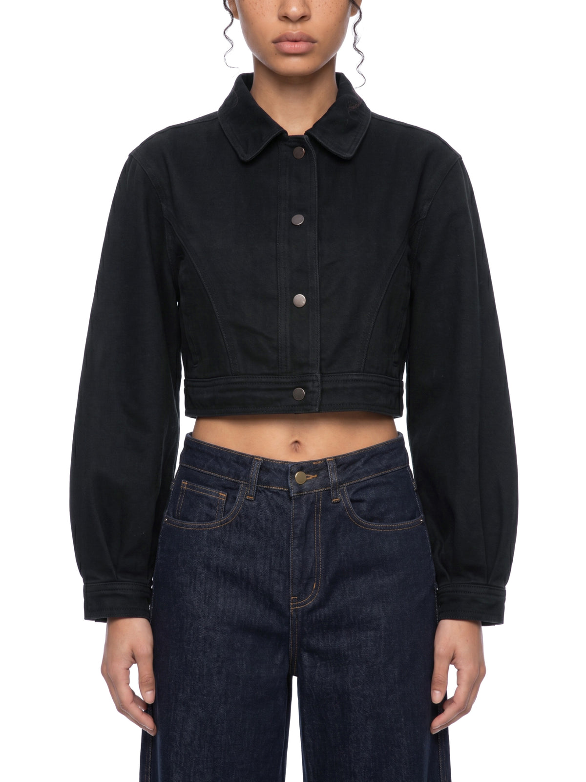 STILL. Women's Crop Denim Jacket, worn by a model