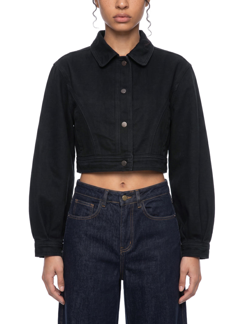STILL. Women's Crop Denim Jacket, worn by a model