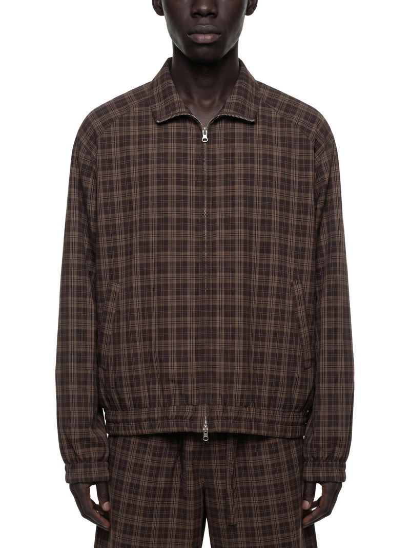 STILL. Plaid Zip Track Jacket, worn by a model