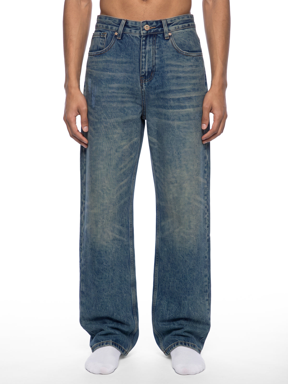STILL. Men's Vintage Wash Straight Leg Jeans, worn by a model