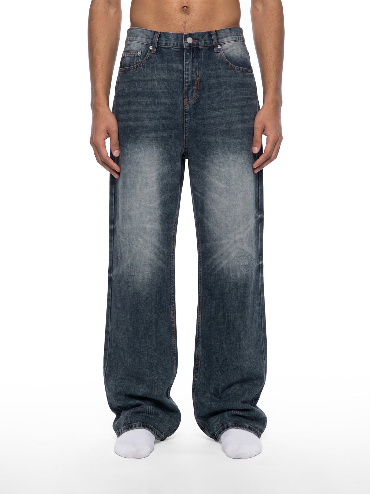 STILL. Men's Knee Fade Straight Leg Jeans, worn by a model