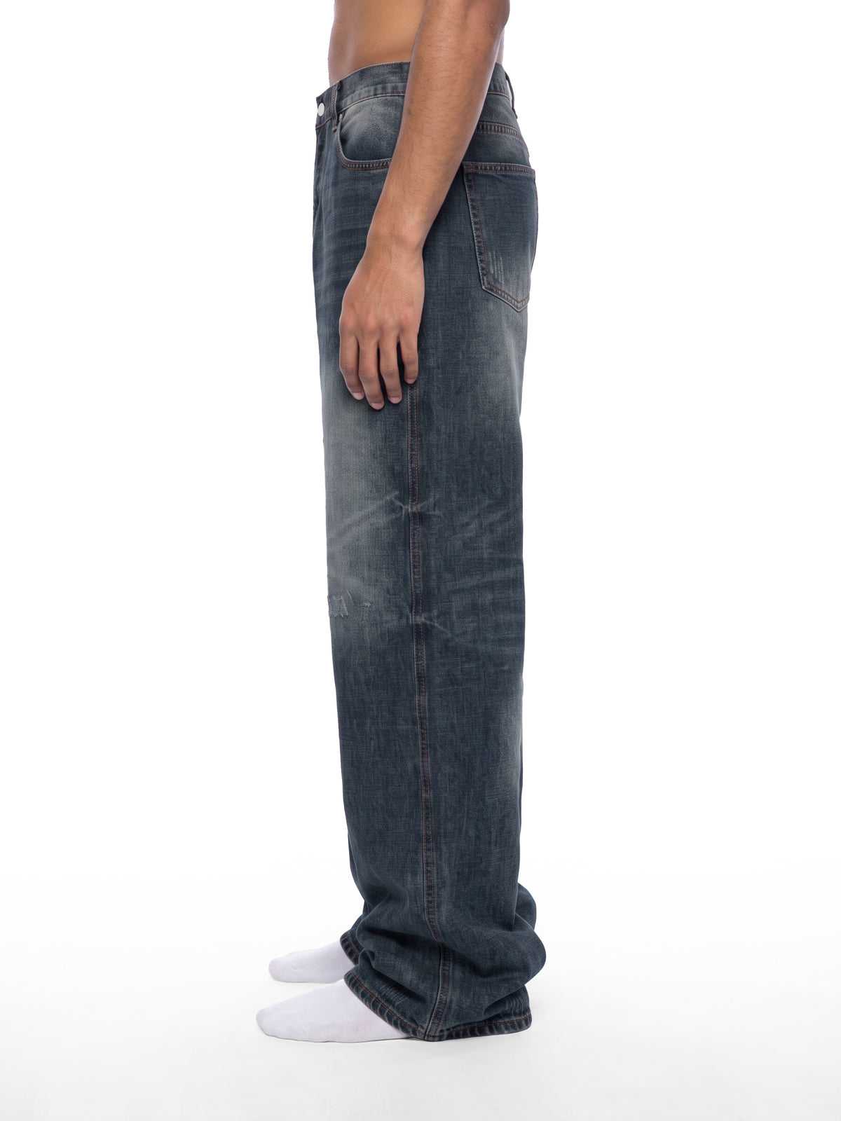 STILL. Men's Knee Fade Straight Leg Jeans, worn by a model