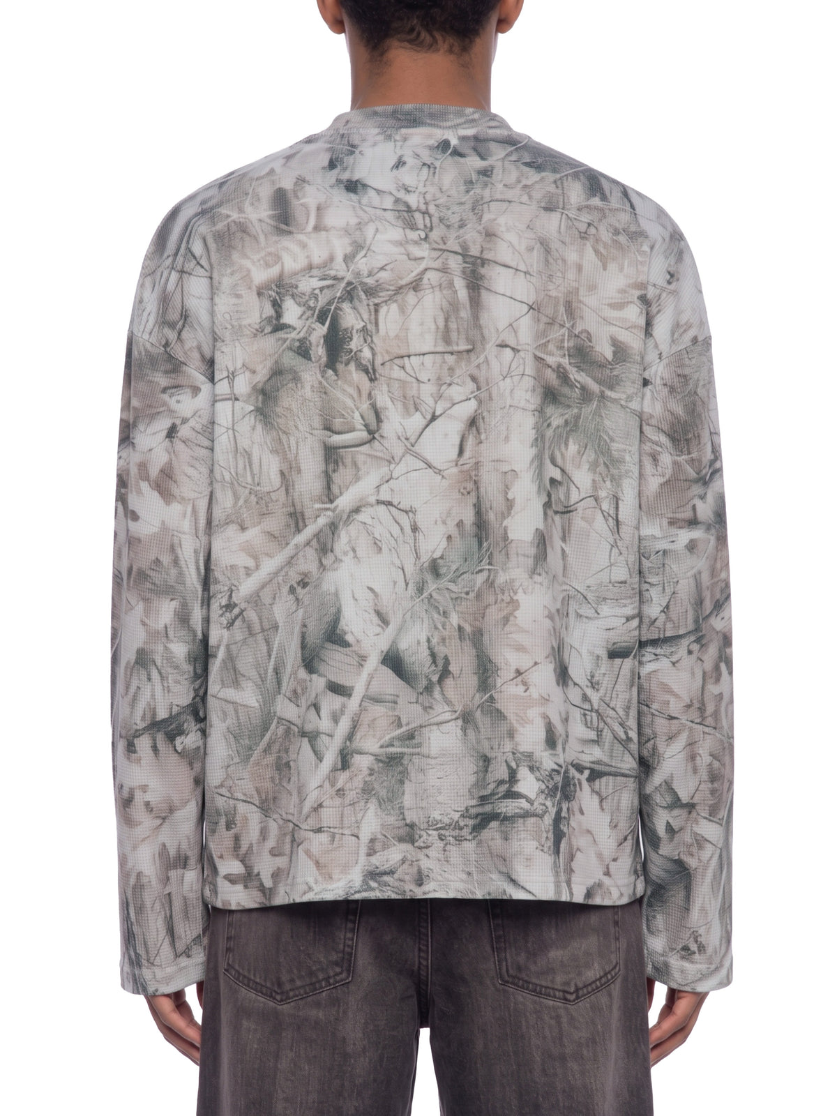 STILL. Unisex Tree Camo Waffle Long Sleeve T-Shirt, worn by a model