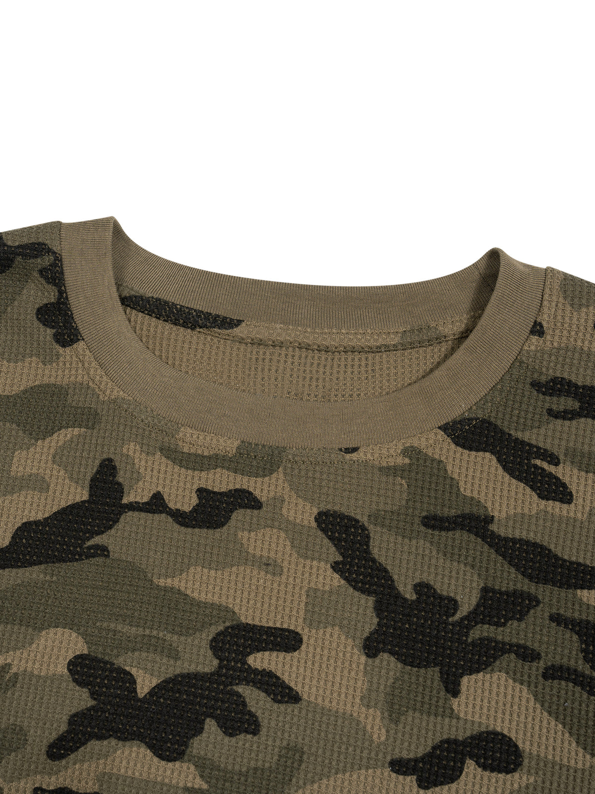 STILL. Unisex Camo Waffle Raw Edge Long Sleeve T-Shirt, detail view