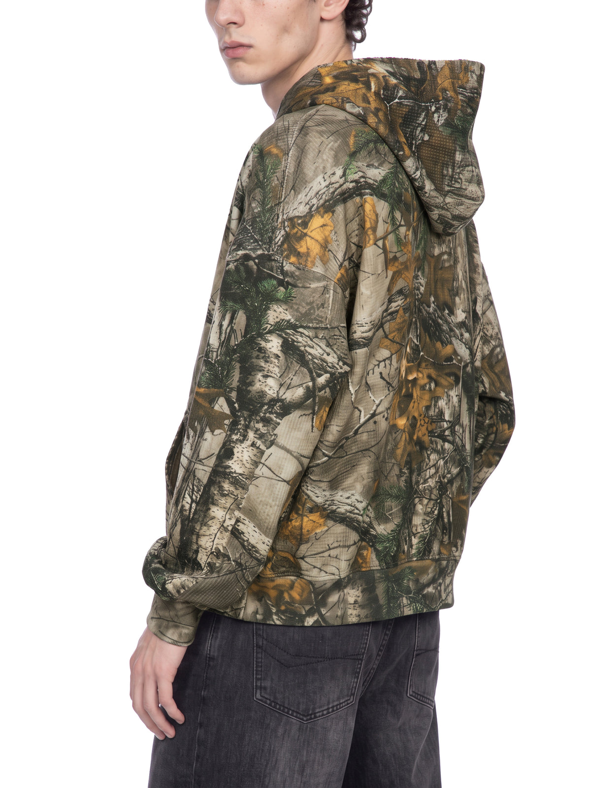 STILL. Unisex Waffle Tree Camo Boxy Hoodie, worn by a model