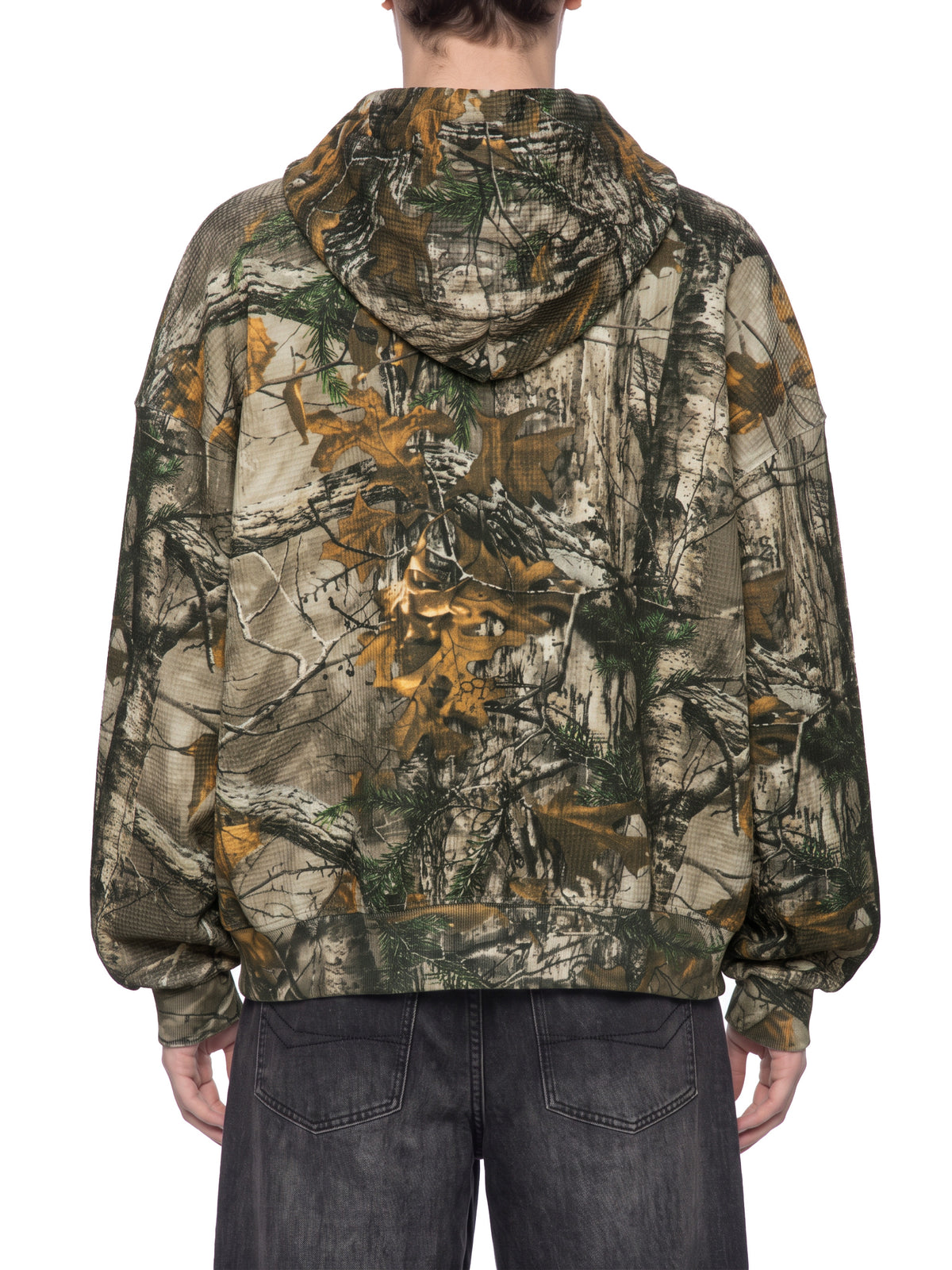 STILL. Unisex Waffle Tree Camo Boxy Hoodie, worn by a model