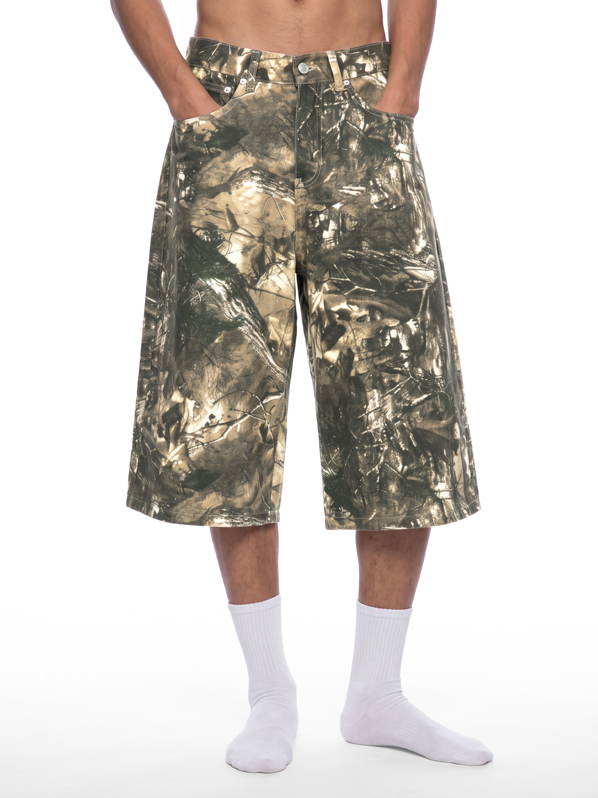 STILL. Men's Tree Camo Shorts, worn by a model