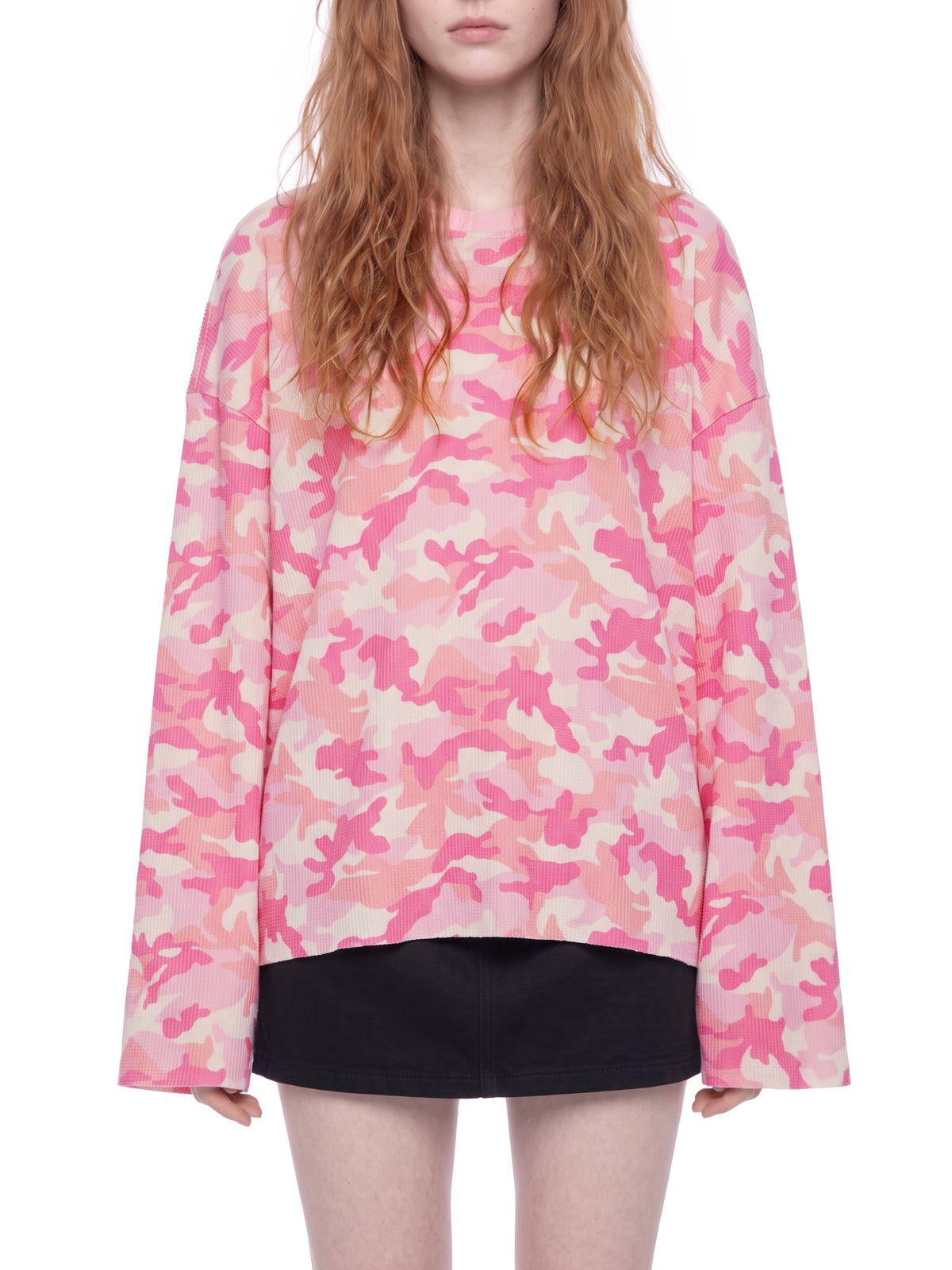 STILL. Unisex Camo Waffle Raw Edge Long Sleeve T-Shirt, worn by a model