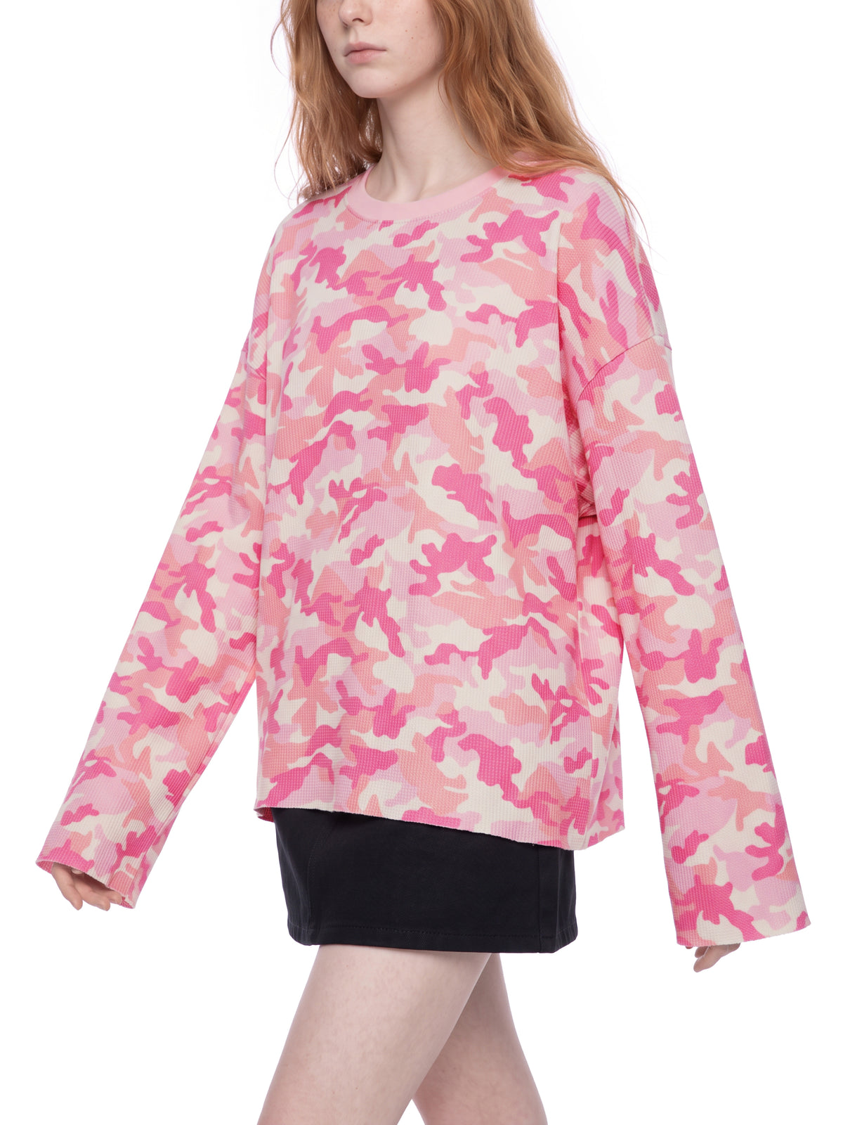 STILL. Unisex Camo Waffle Raw Edge Long Sleeve T-Shirt, worn by a model